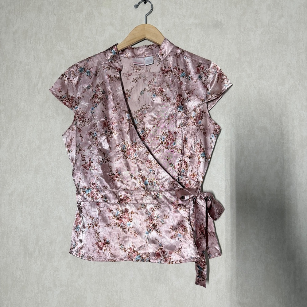 Xhilaration Vintage Y2K Asian Floral Wrap Top Satin Fairy Coquette in Pink XL